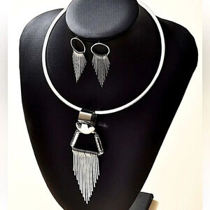 Silver Tassel Fringe Choker Statement Necklace Earrings Set